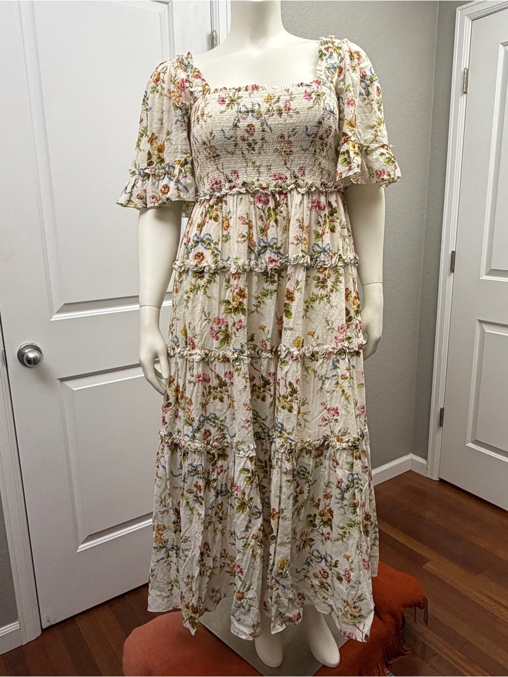 Needle & Thread Cotton Cream Floral Smocked Tiered Maxi Dress - Size 14 NWOT